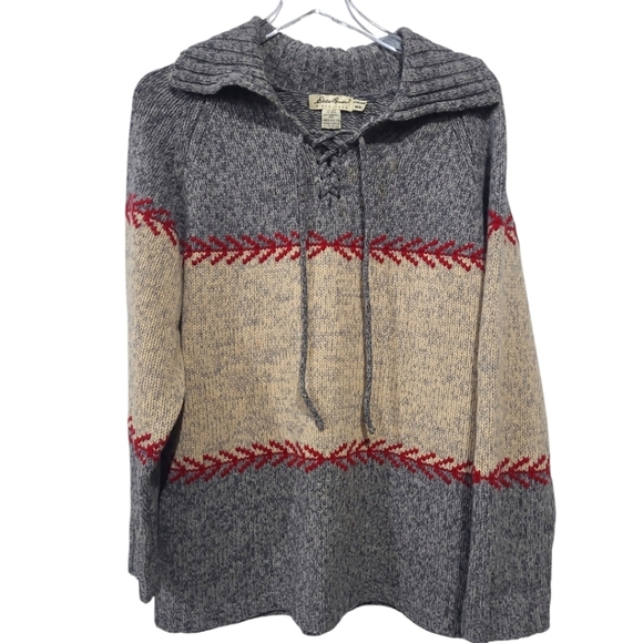 Eddie Bauer Women's Medium 100% Lambswool Pullover Sweater Oversized Gray Red - Picture 1 of 7